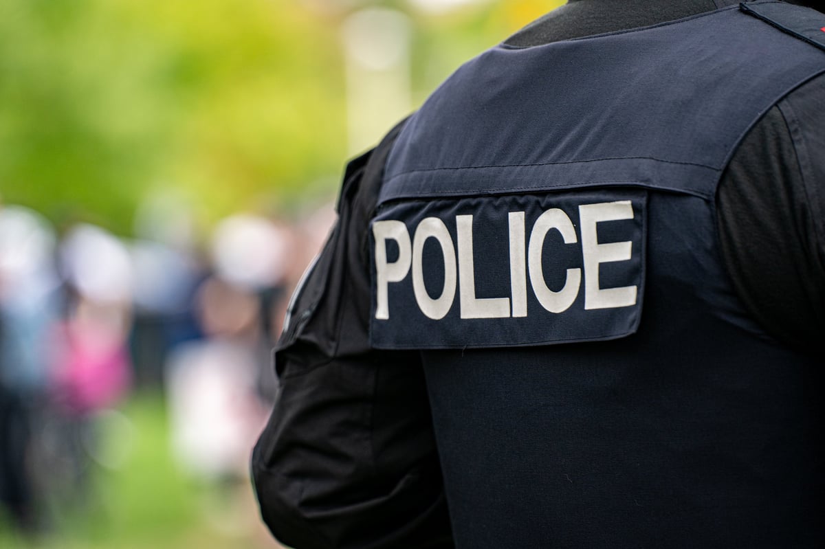Back view of police uniform with label